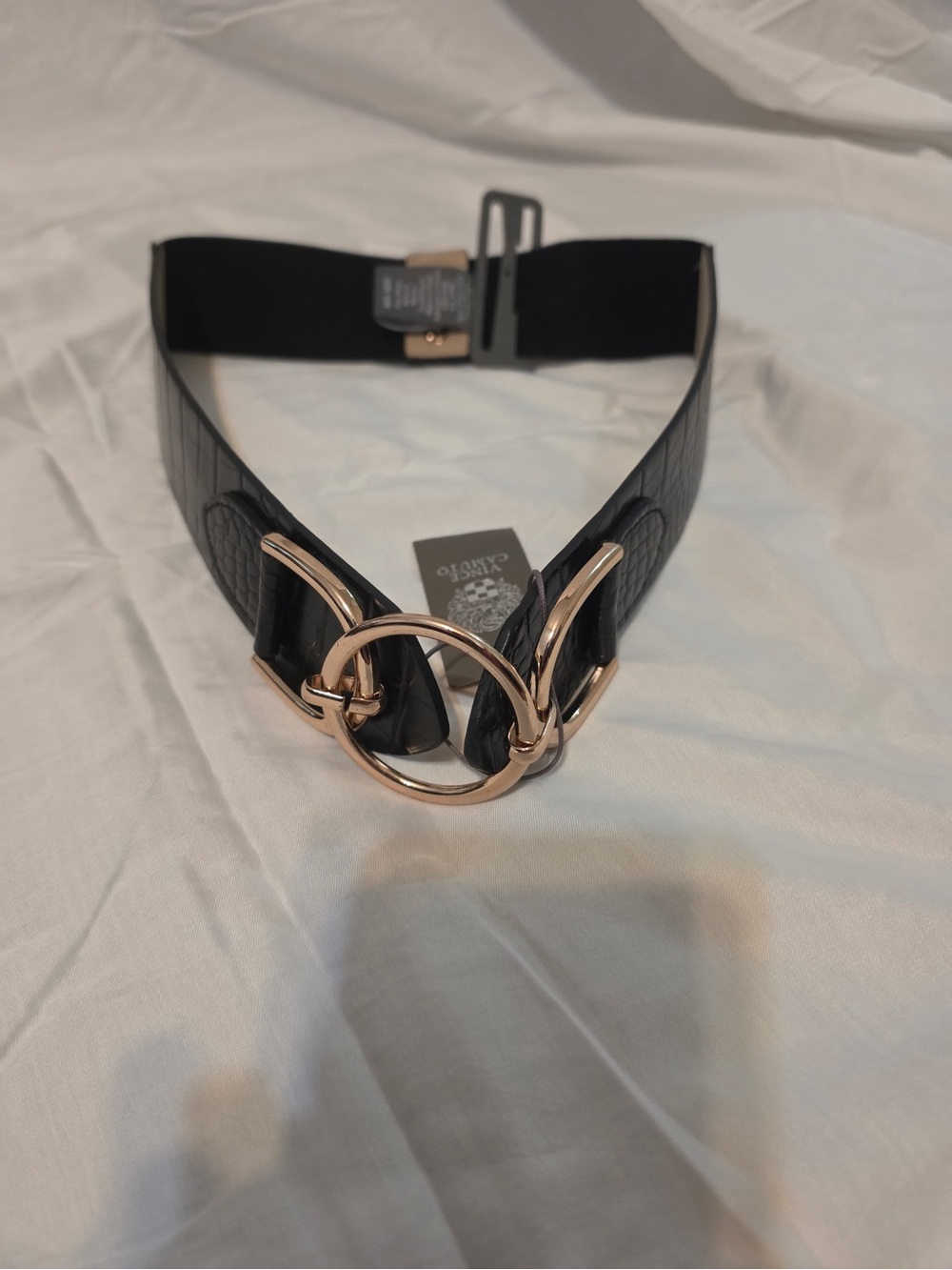 Women's Vince Camuto NWT Black Faux Croc Waist Belt with Gold Rings M/L